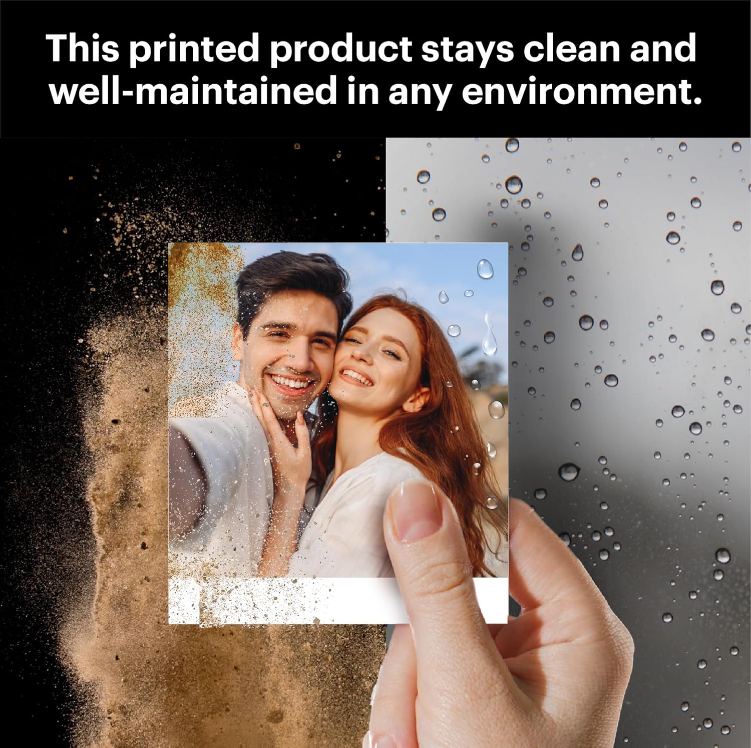 This image highlights the durability of the Kodak Mini 2 Retro prints, showcasing their resistance to dust and water for clean and long-lasting quality in any environment.