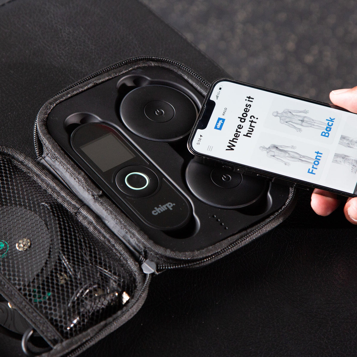 Chirp Halo wireless muscle stimulator in use during recovery