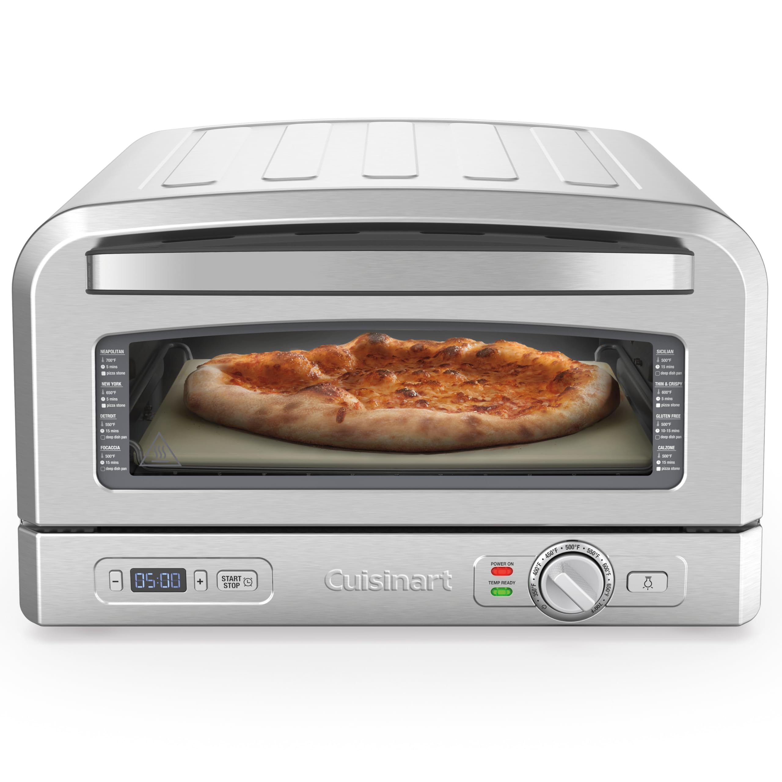 Cuisinart CPZ-120 stainless steel indoor pizza oven baking a pizza, with temperature dial and digital timer