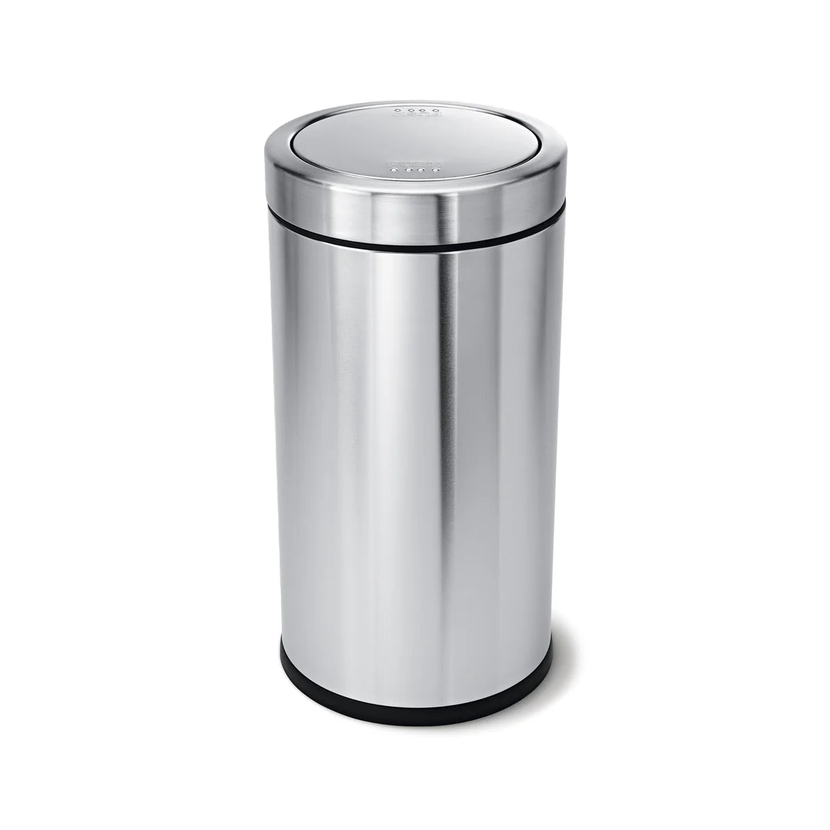 The image displays a sleek, cylindrical stainless steel trash can with a flat, round lid. The design is minimalist and modern, with a polished finish that gives it a clean and sophisticated appearance. The trash can features a black base, providing stability and a subtle contrast to the stainless steel body. Its compact and streamlined shape makes it an ideal choice for maintaining an elegant look in any room while offering practical waste management.