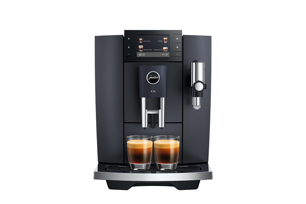 JURA E8 Cosmic Black preparing a cappuccino with Sweet Foam
