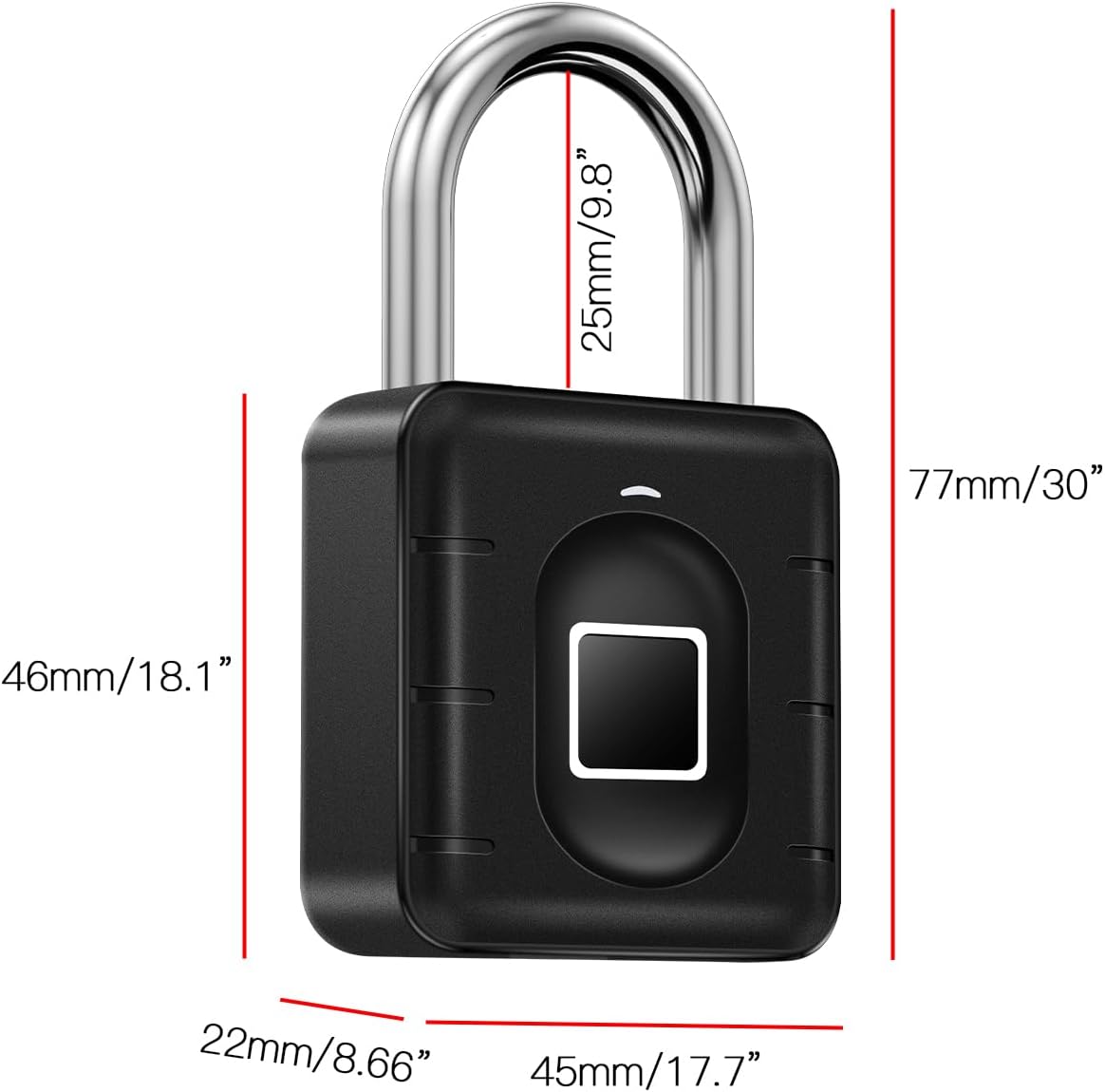 Height of the Lock Body: 77mm (30.3 inches) Width of the Lock Body: 45mm (17.7 inches) Depth of the Lock Body: 22mm (8.66 inches) Shackle Height: 25mm (9.8 inches) Shackle Diameter: 46mm (18.1 inches)