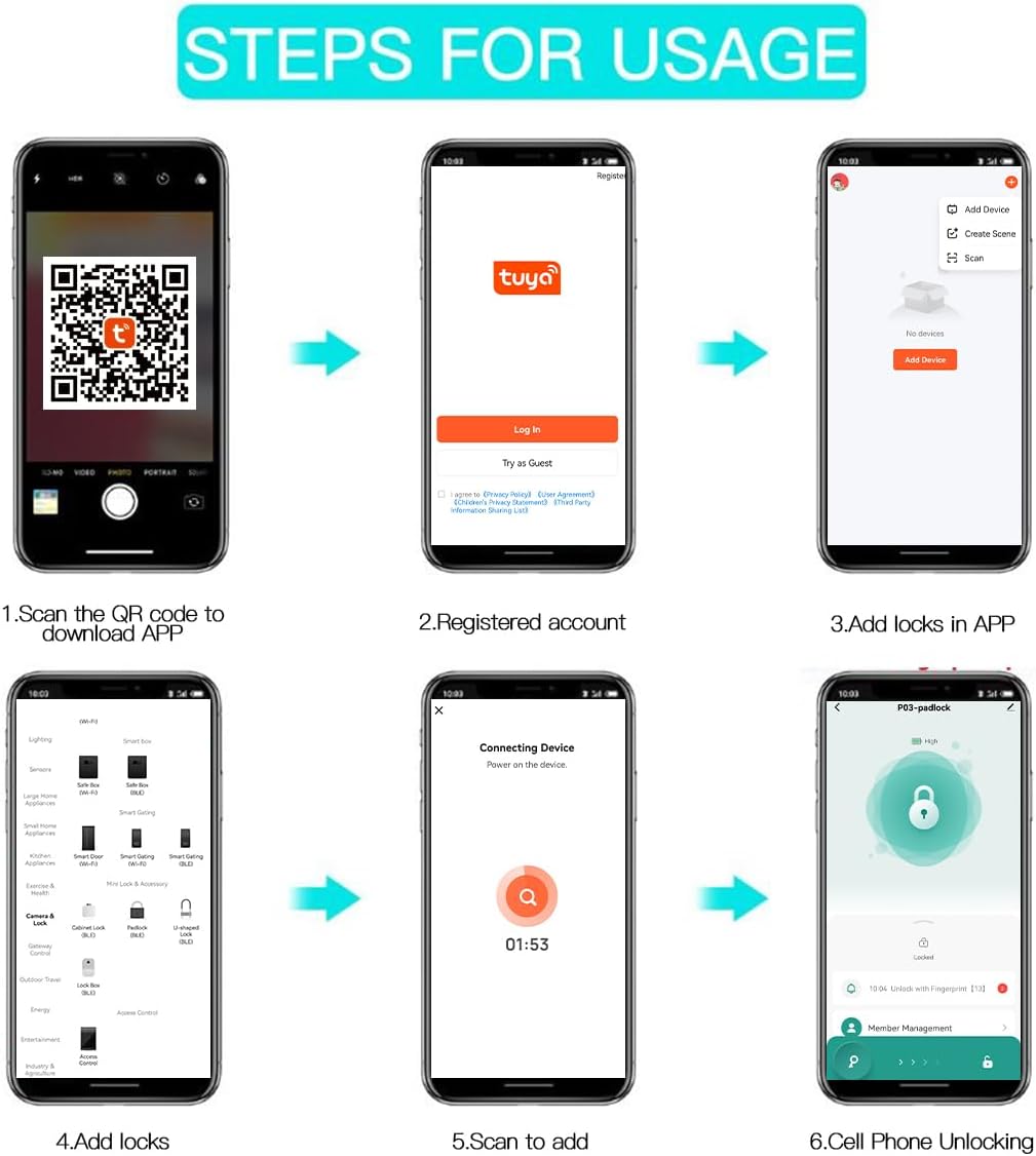 The image illustrates the setup process for the fingerprint padlock using a smartphone app. It shows six easy steps: downloading the app via QR code, registering an account, adding the lock, selecting the lock type, scanning to add, and controlling the lock via the app. This guide ensures a straightforward and user-friendly setup.