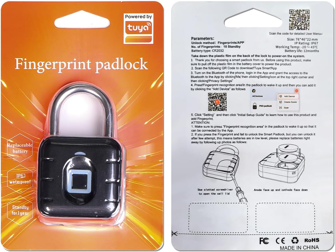 The image shows a fingerprint padlock in its packaging, highlighting features like a rechargeable battery, IP65 waterproof rating, and a long standby time. The padlock is designed for secure and convenient use, with the ability to store multiple fingerprints and ensure durability in various conditions. Perfect for enhancing security with advanced biometric technology.