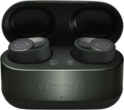 Devialet Gemini II Deep Forest earbuds and charging case closed, front view