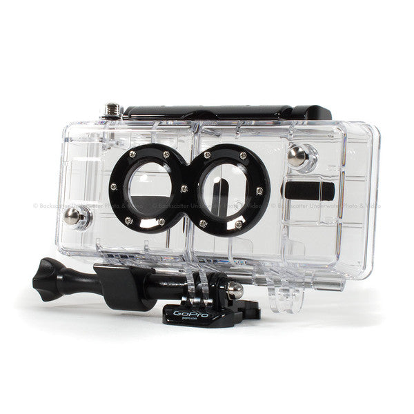 GoPro dual-lens waterproof housing case for 3D underwater filming, featuring secure mounting and durable protection.