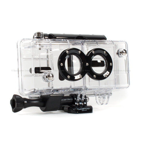 Dual-lens waterproof housing case for GoPro cameras, designed for underwater 3D filming with secure mounting options.