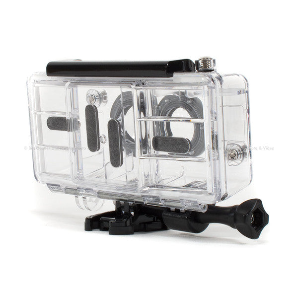 Waterproof housing case for action cameras, providing durable protection and secure mounting for underwater filming.