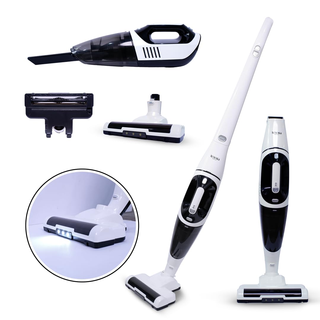 2-in-1 cordless vacuum cleaner with detachable handheld and LED-lit nozzle for versatile cleaning.