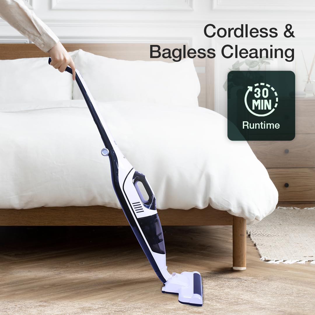 Cordless and bagless vacuum cleaner with 30-minute runtime for efficient, hassle-free cleaning.