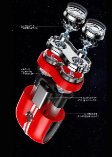 This image provides a detailed, exploded view of the internal components of the "Sports Car Shaver." The shaver's outer casing, which is red with white racing stripes, is shown at the bottom, while the internal mechanisms are illustrated above it. The components include the dual shaving heads, gears, and motor assembly, all depicted with precision to demonstrate the engineering and technology behind the product.  The various parts are labeled with descriptions, likely indicating their functions and how they