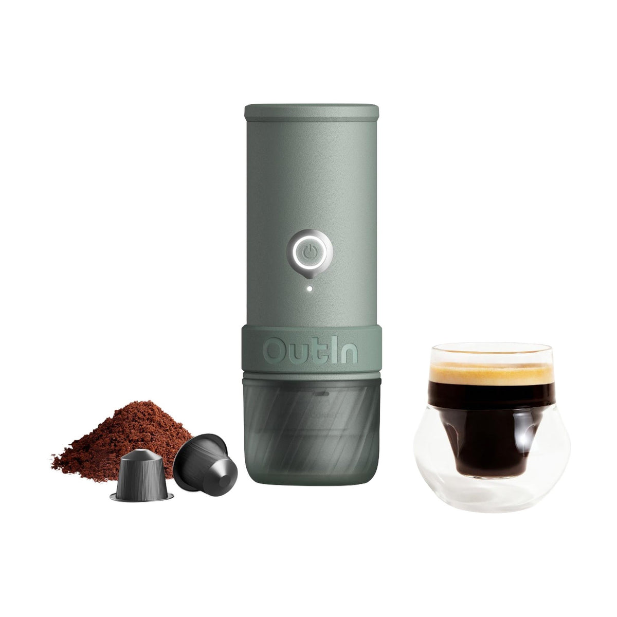 OutIn Mino Canyon Green portable espresso machine with espresso, capsules and grounds