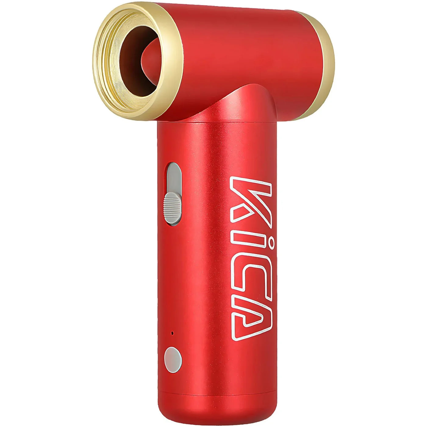 The image shows a KICA Jet Fan 2 in a vibrant red color with gold accents. The fan has a T-shaped design with a cylindrical fan unit at the top and a handle below. The brand name "KICA" is printed vertically on the side of the handle in white text.