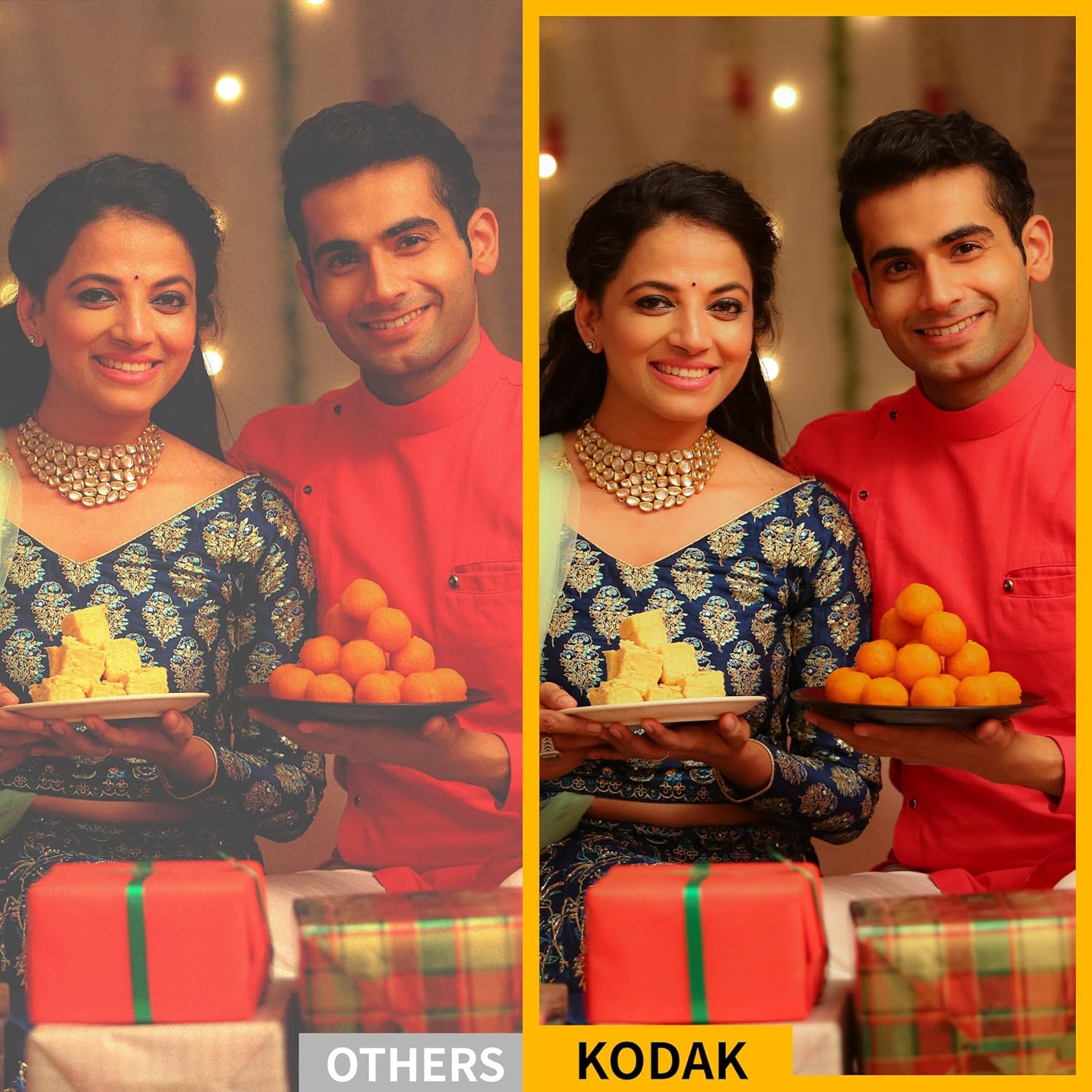 This image showcases a side-by-side comparison of photo quality, highlighting the superior color accuracy and vibrancy of Kodak prints compared to other brands.