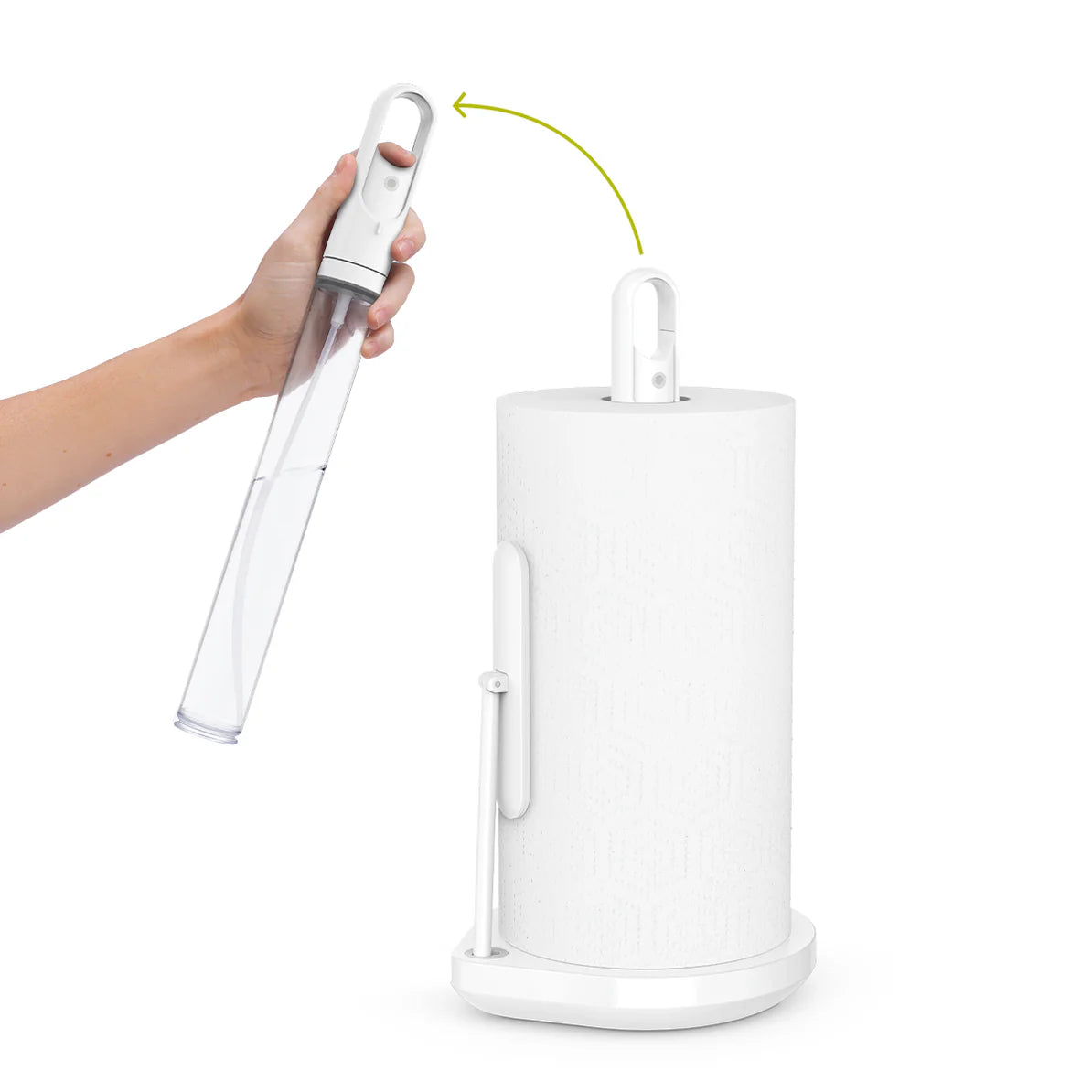 A white paper towel holder with a built-in spray bottle being removed by a hand, demonstrating its refillable spray function. The sleek, modern design allows for easy use and storage of both the paper towels and spray bottle in one unit.