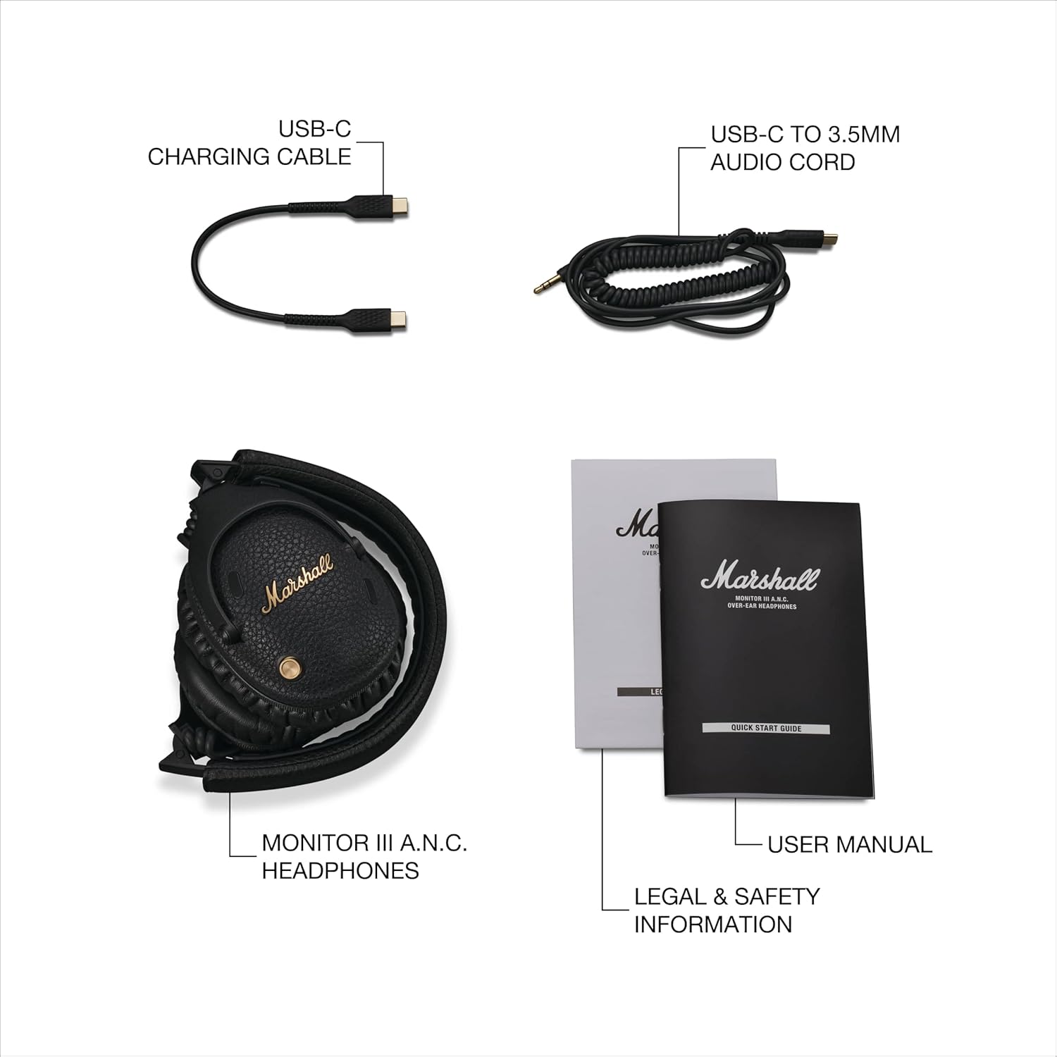 Marshall Monitor III A.N.C. headphones package contents including USB-C charging cable, USB-C to 3.5mm audio cord, user manual, and legal & safety information booklet.