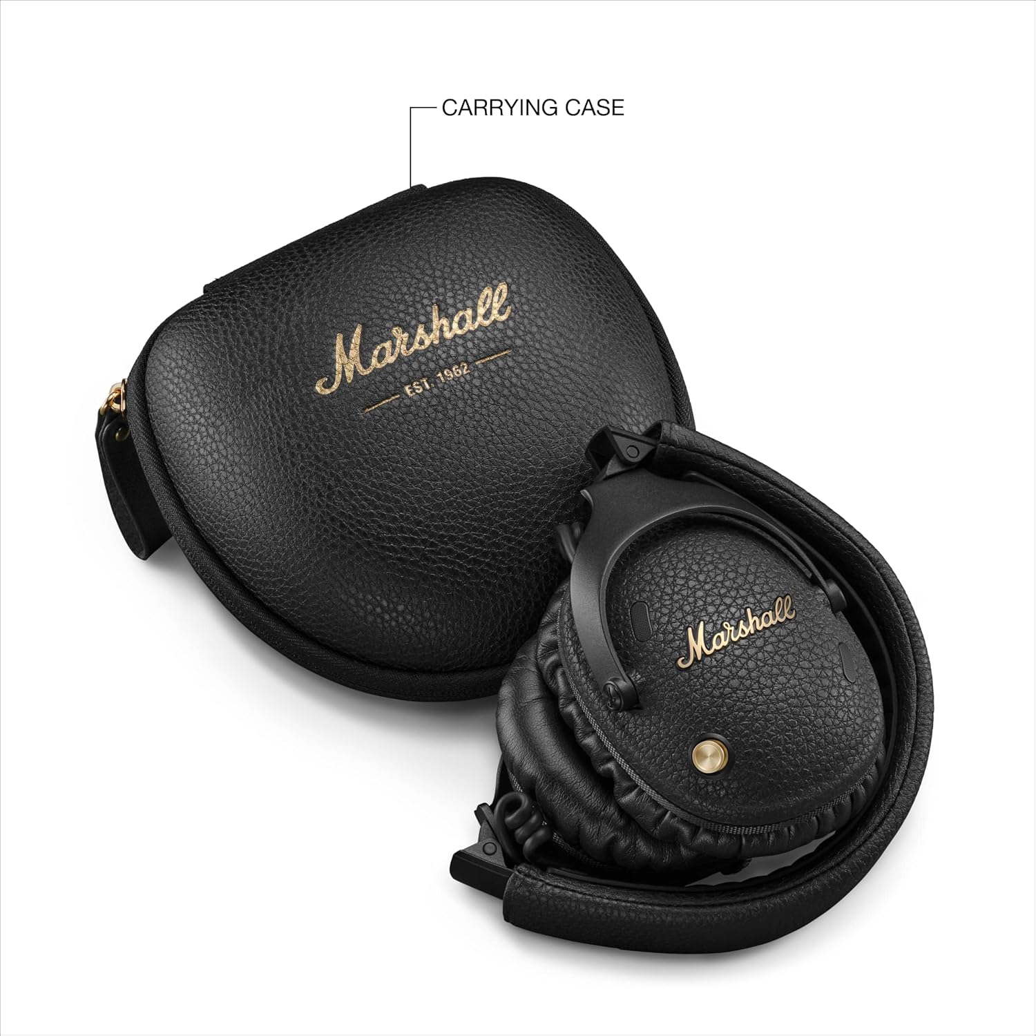 Marshall Monitor III A.N.C. headphones with a stylish black carrying case for protection and portability.