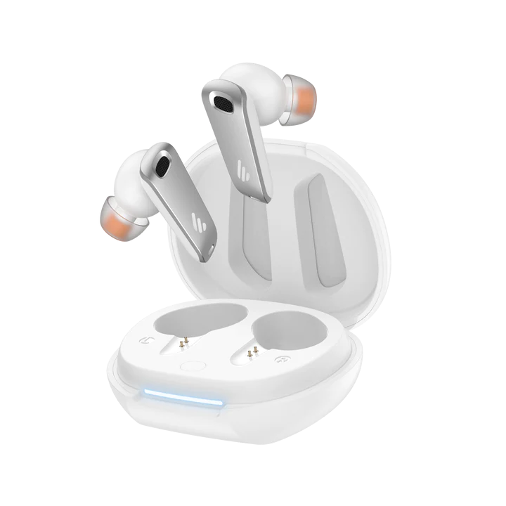 The image showcases **Edifier NeoBuds Pro**, a premium pair of wireless earbuds with an elegant white finish. These earbuds come with a sleek charging case and are designed for high-resolution audio, featuring advanced noise-canceling technology for a superior listening experience.