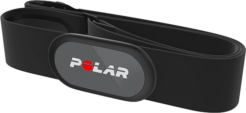 Polar heart rate monitor chest strap, designed for precise heart rate tracking and comfortable wear during workouts.