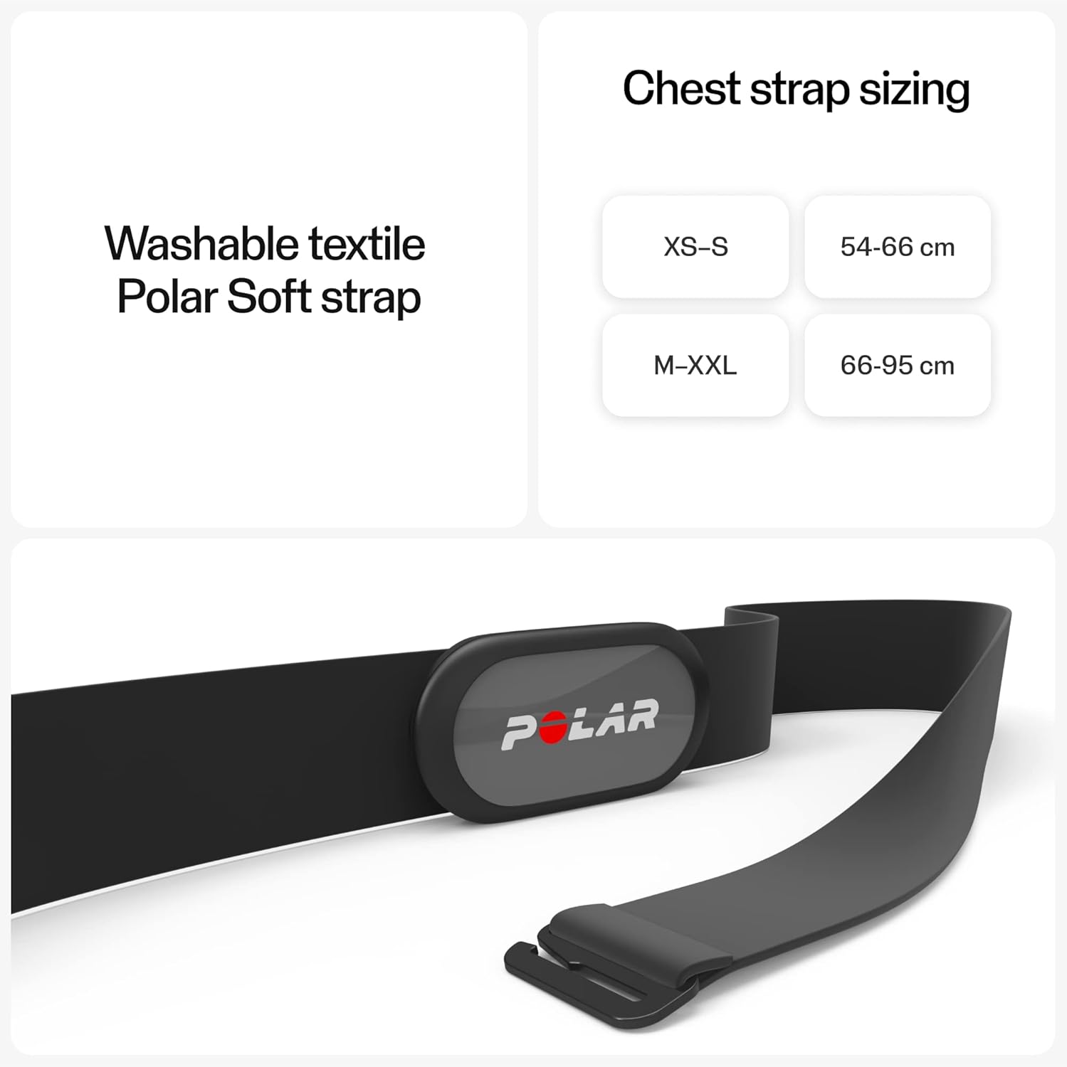 Polar Soft chest strap with washable textile material, available in multiple sizes for a comfortable and secure fit.