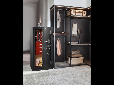 Luxury home safe integrated into a modern walk-in closet, featuring secure storage for valuables, watches, and personal items.