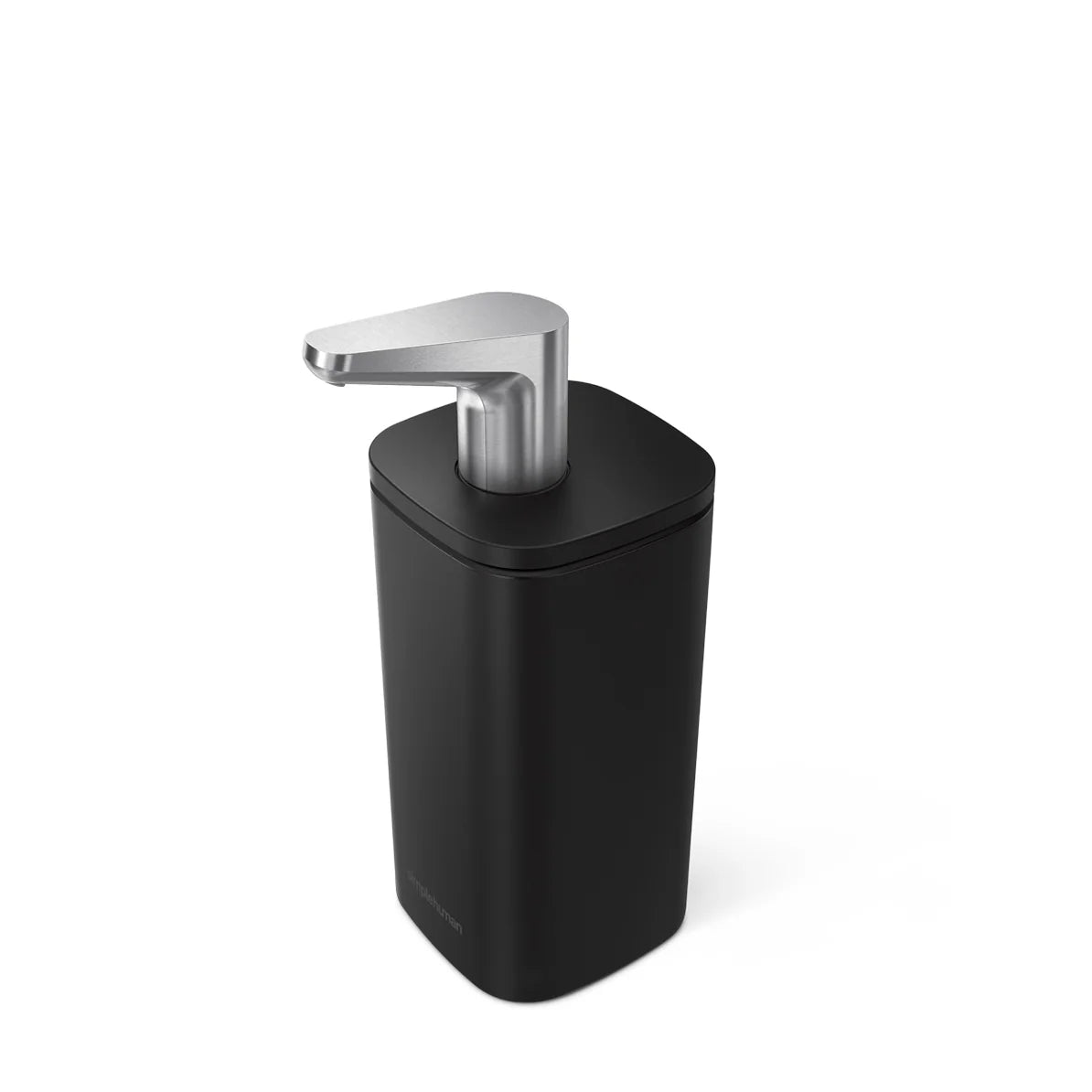 The image shows a black automatic soap dispenser with a sleek and modern design, likely from the Simplehuman brand. The dispenser has a metallic nozzle at the top, which is angled slightly forward for easy soap dispensing. The overall shape is rectangular with rounded edges, and the design is minimalistic, making it suitable for contemporary home or commercial environments. The dispenser is designed to be both functional and aesthetically pleasing.