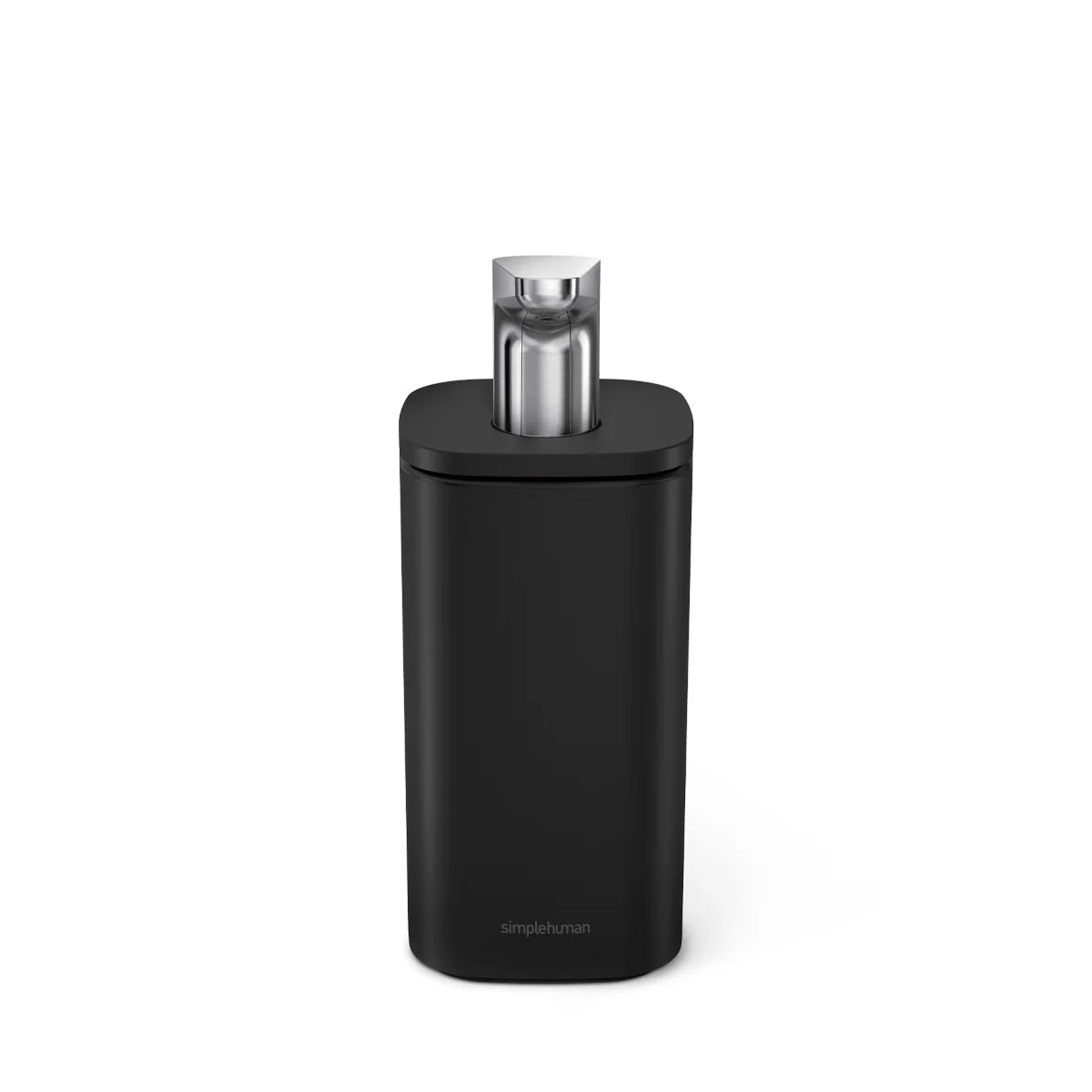 The image shows a sleek, modern black soap dispenser with a cylindrical top that likely includes a sensor or pump mechanism for dispensing soap. The dispenser is branded with the "simplehuman" logo at the bottom, indicating that it's a high-end, automatic soap dispenser designed for minimalistic and efficient use in either residential or commercial settings. The design is elegant and functional, consistent with luxury home products.