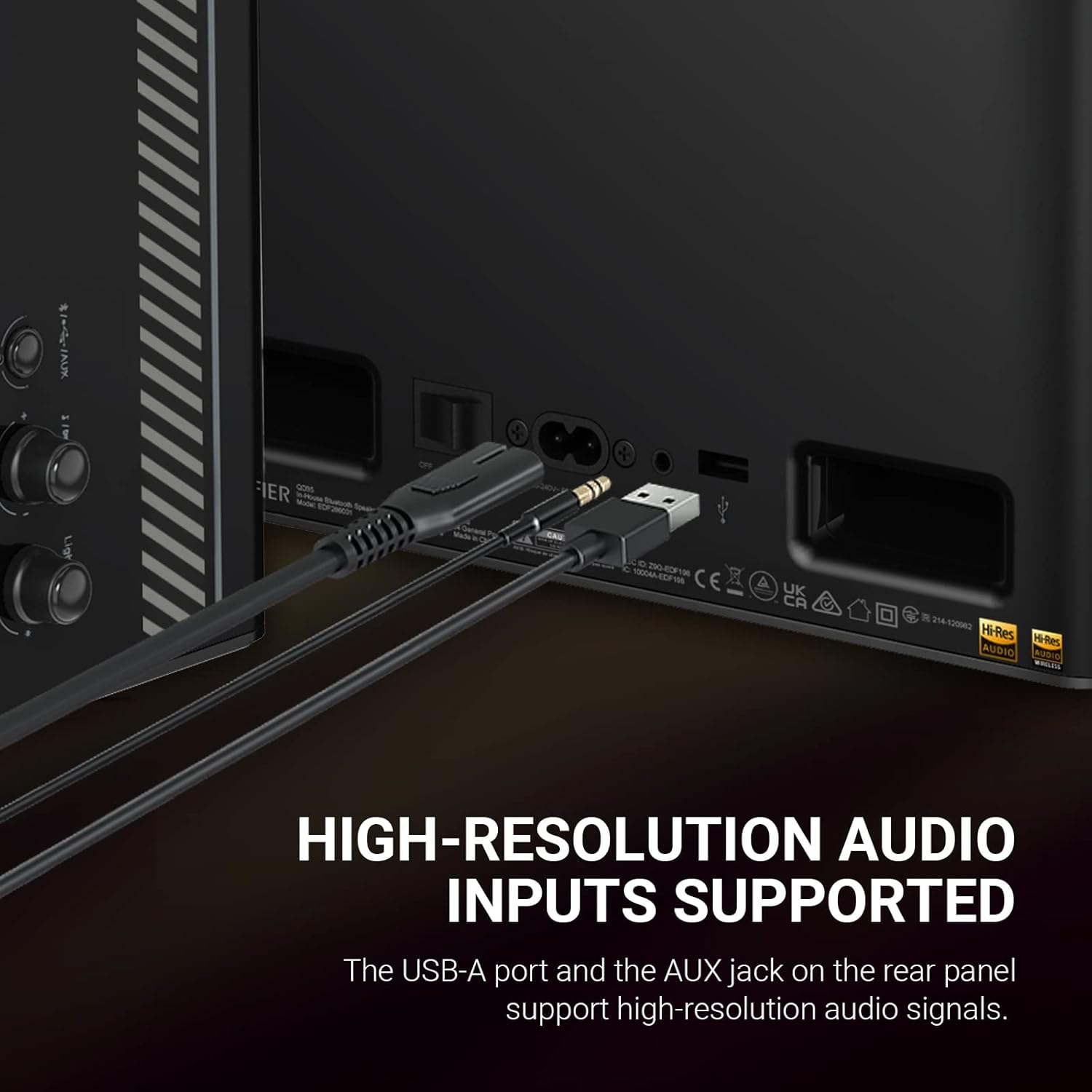 USB-A and AUX ports support high-resolution audio for premium sound quality.