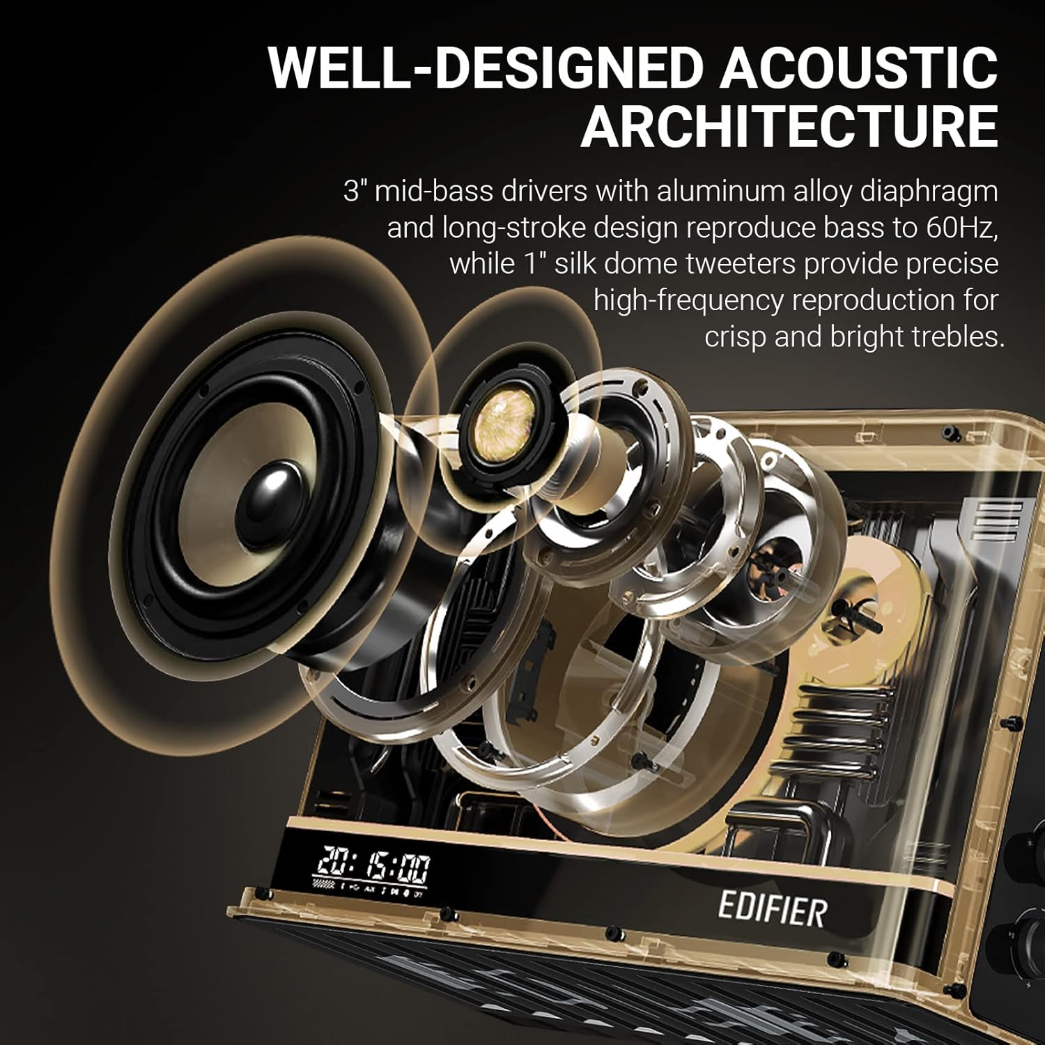 3" mid-bass drivers for deep bass (60Hz).
1" silk dome tweeters for clear trebles.
Balanced, high-quality sound output.