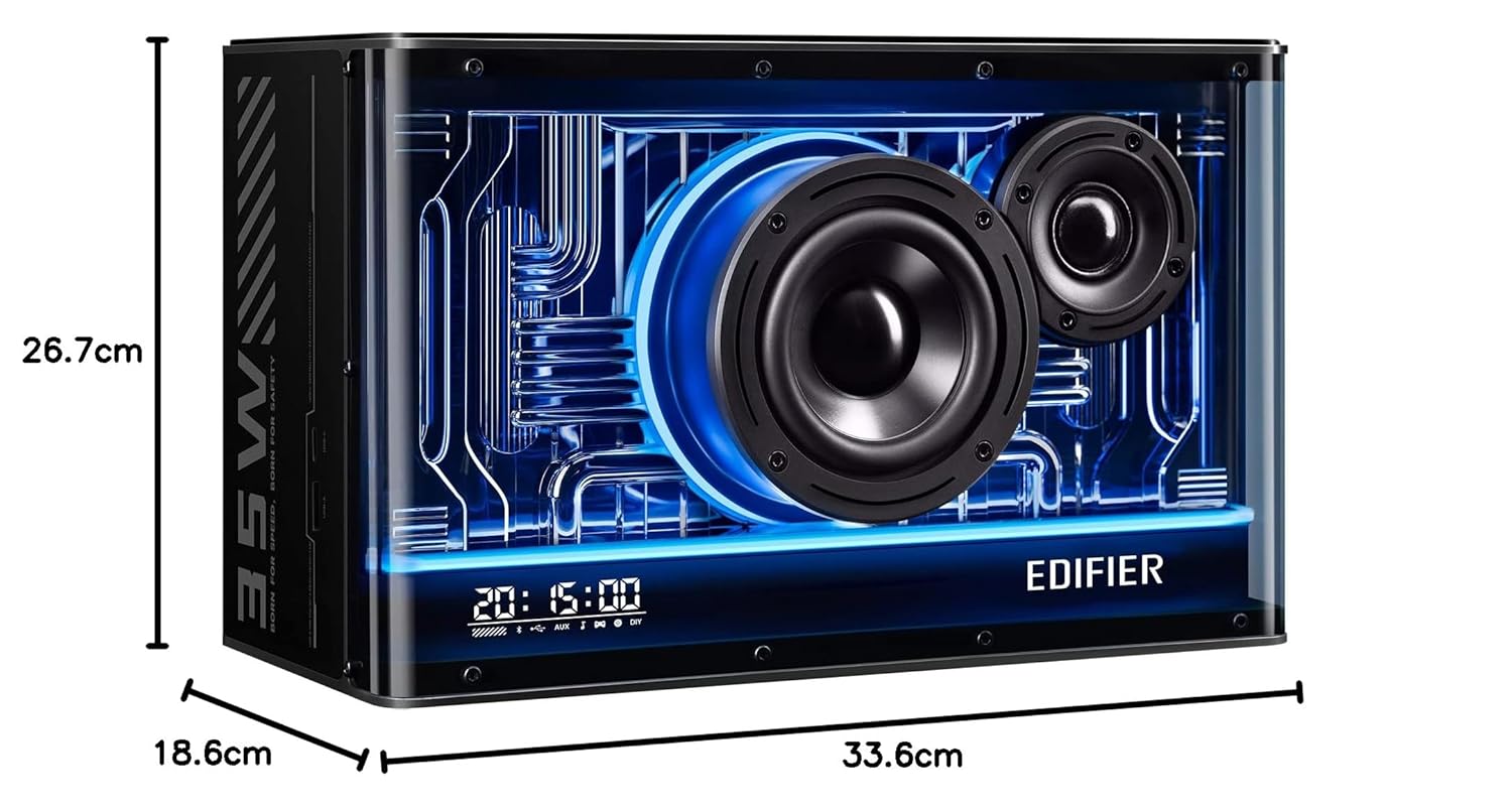 This image showcases an Edifier speaker with a futuristic design featuring a transparent enclosure that reveals its internal components, accented by vibrant blue LED lighting. It combines aesthetic appeal with functionality, making it a striking centerpiece for modern audio setups. The front display indicates time and other settings, suggesting it includes smart or digital features.