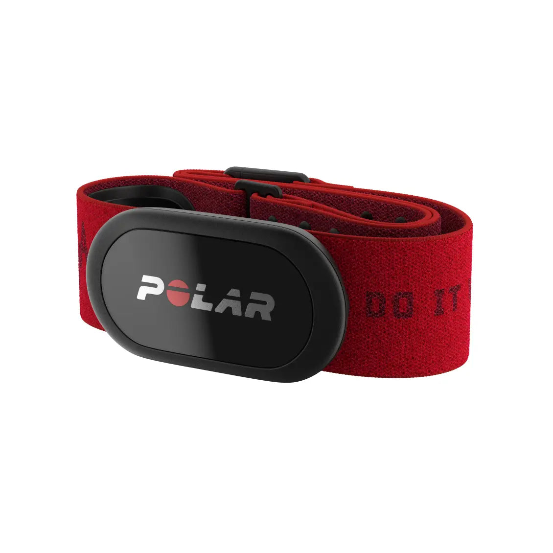 The image shows a Polar heart rate monitor with a black sensor module attached to a red chest strap. The Polar logo is clearly visible on the front of the sensor. The strap is adjustable and designed for a snug, comfortable fit around the chest. The red fabric features subtle text and design elements, reinforcing its sporty and functional purpose. This heart rate monitor is intended for precise heart rate tracking during physical activities, making it ideal for fitness enthusiasts and athletes.