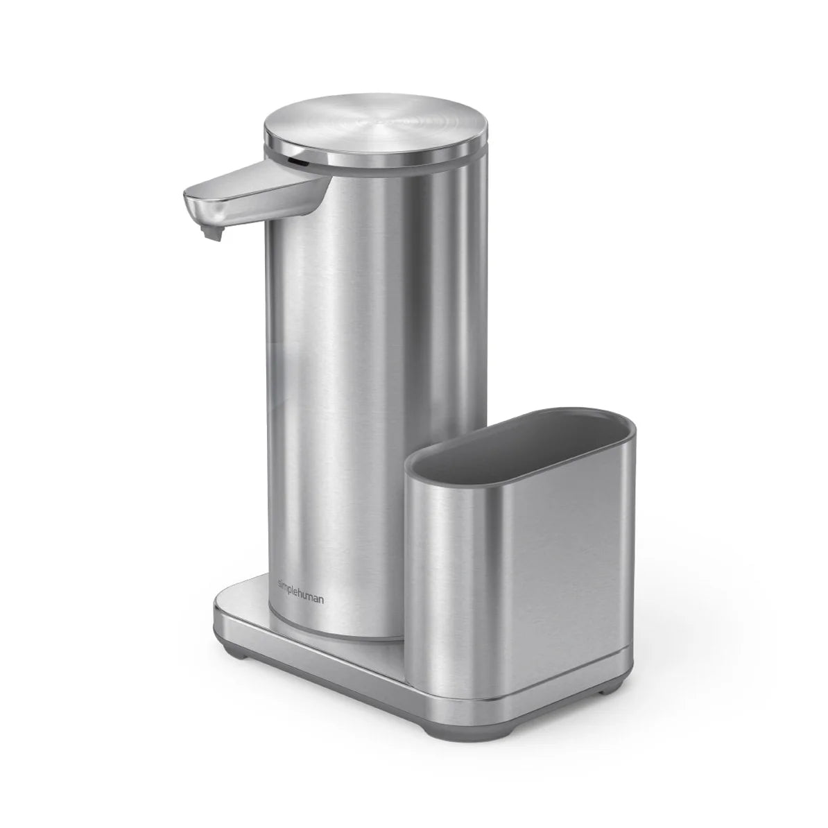 A stainless steel automatic soap dispenser with a cylindrical design, positioned on a rectangular base that includes an adjacent sponge holder. The dispenser features a nozzle near the top for touchless operation.