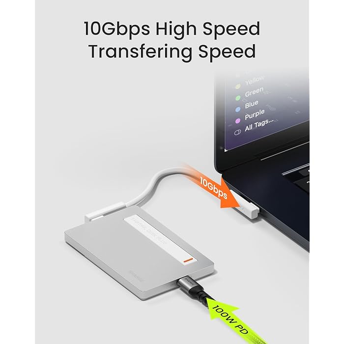 A SHARGE power bank connected to a laptop, showcasing its high-speed data transfer capability of 10Gbps and 100W power delivery. The setup highlights its efficiency for fast file transfers and simultaneous charging, making it ideal for professional and personal use.