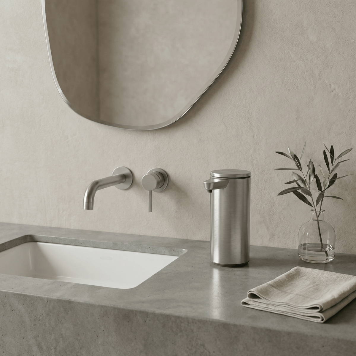 Brushed 9 oz sensor pump dispensing soap on a kitchen counter