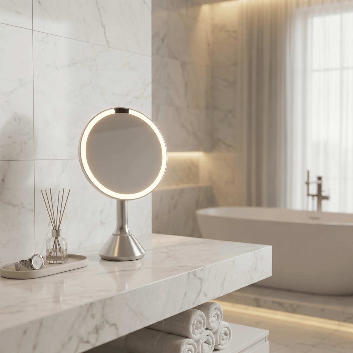 Simplehuman Sensor Mirror Round brushed in a modern bathroom