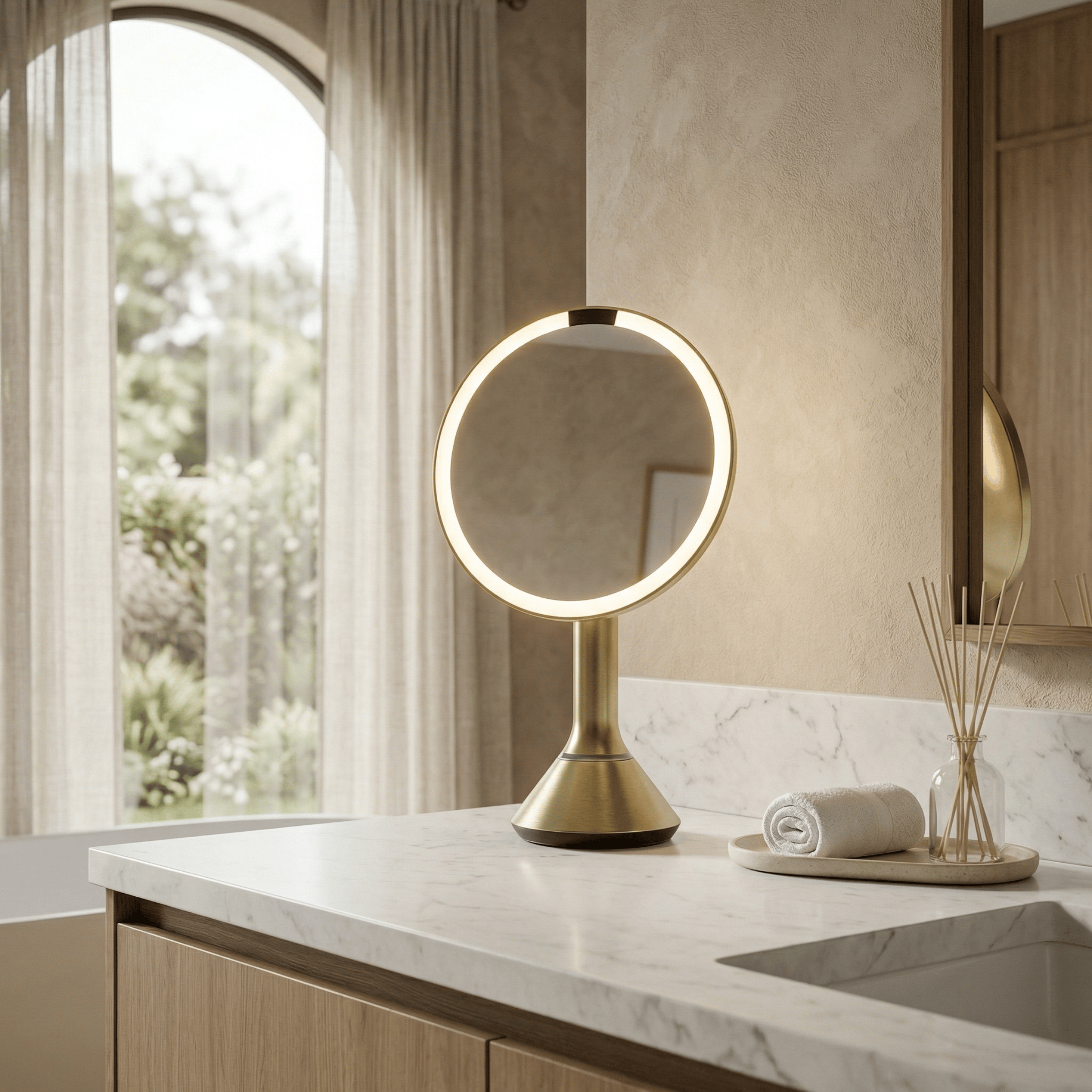 Simplehuman Sensor Mirror Round brass in a modern bathroom