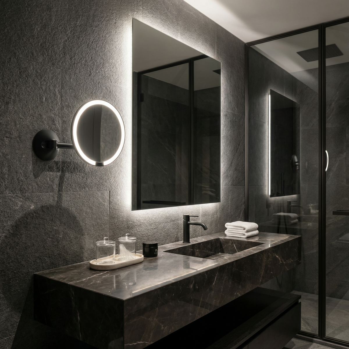 Matte black Wall Mount Sensor Mirror installed in a bathroom