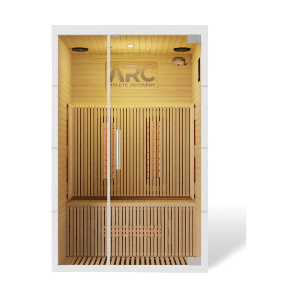 ARC Ignite two person infrared sauna, front view on white background